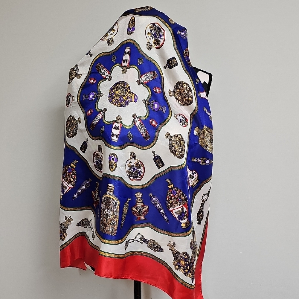 Vtg 90s Ginger Jar Print, Red, Gold, Blue, White Scarf 35" X 35"